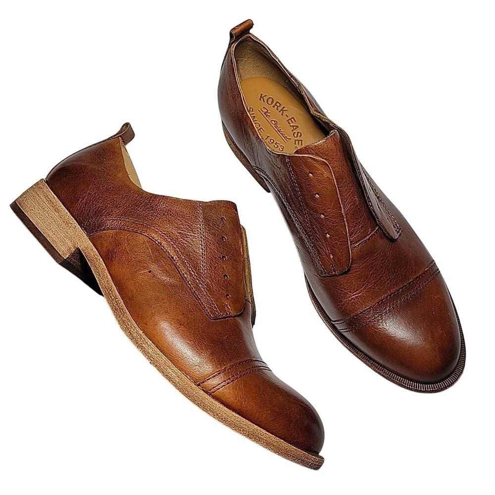 Kork-Ease Rori Oxford Shoe Women 7 Tan Rum Leather Cap Laceless Up Slip On Flat